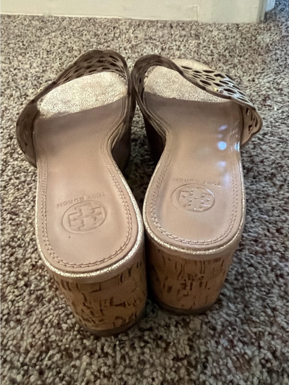 Tory Burch Metallic Gold Cutout Cork Wedge Sandals - Picture 7 of 7